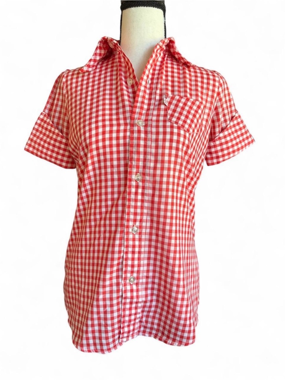 Vintage Levis For Me Red Gingham Shirt S White Tab Cuffed Short Sleeve 70s